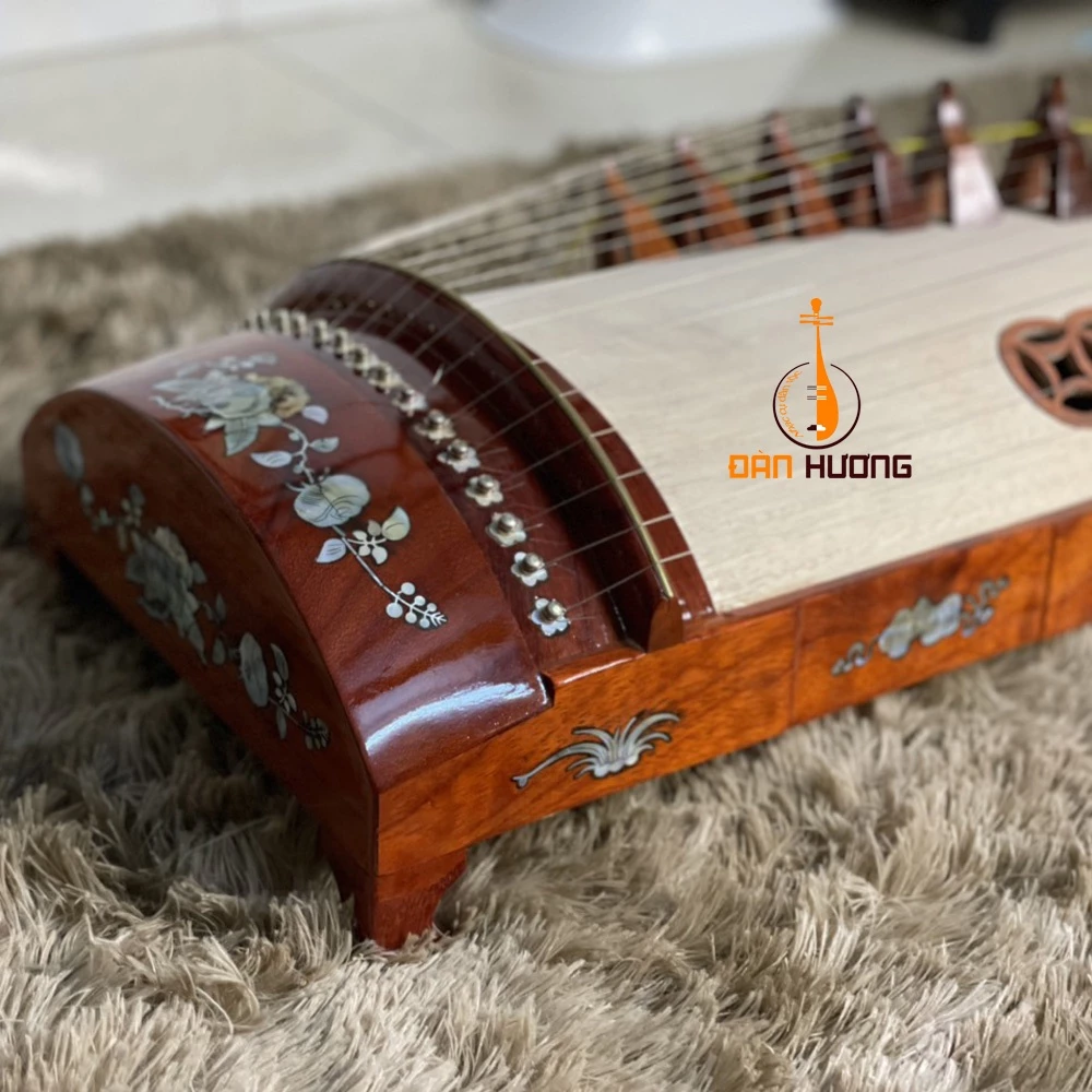 Vietnamese Zither Made from Carved Padauk (gỗ Hương) with Inlaid Mother-of-Pearl - Traditional Vietnamese Musical Instrument