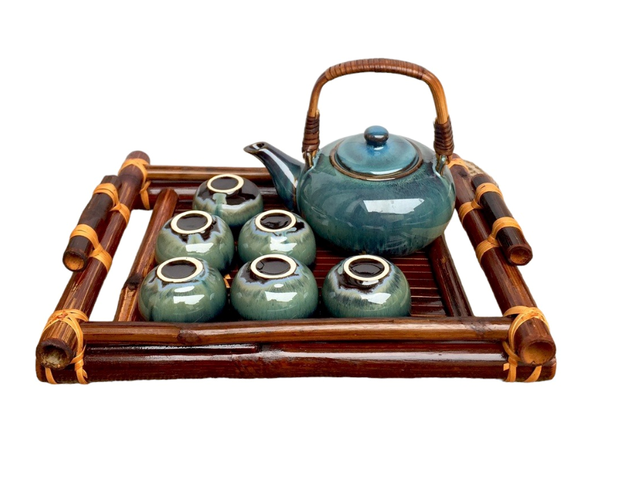 Handmade Bat Trang Pottery Tea Set & Bamboo Tray Authentic Vietnam Craftsmanship