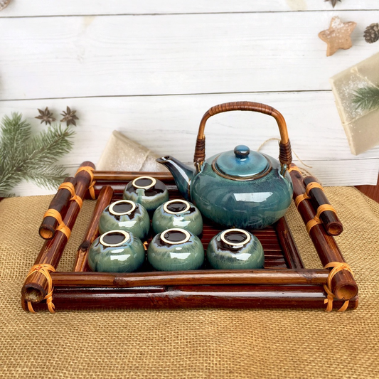 Handmade Bat Trang Pottery Tea Set & Bamboo Tray Authentic Vietnam Craftsmanship