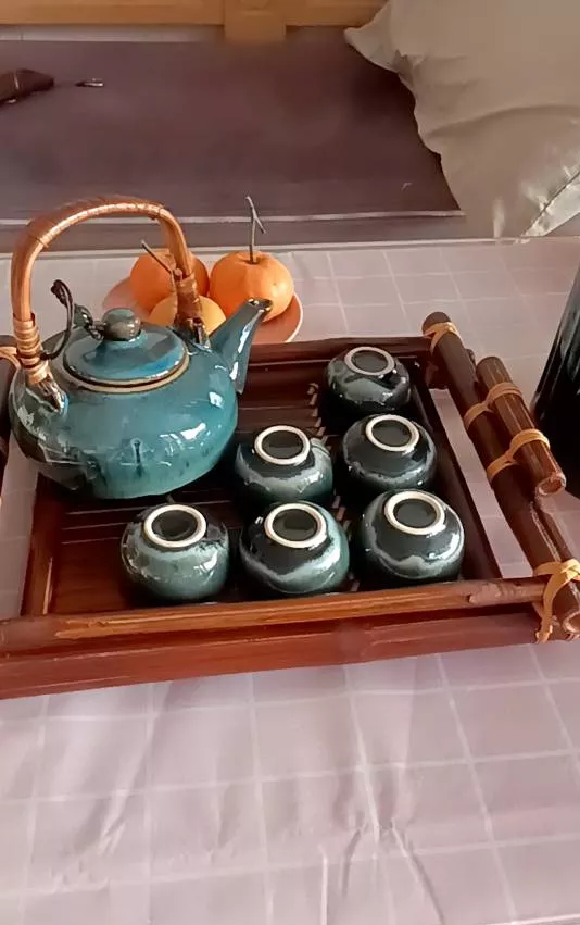 Handmade Bat Trang Pottery Tea Set & Bamboo Tray Authentic Vietnam Craftsmanship