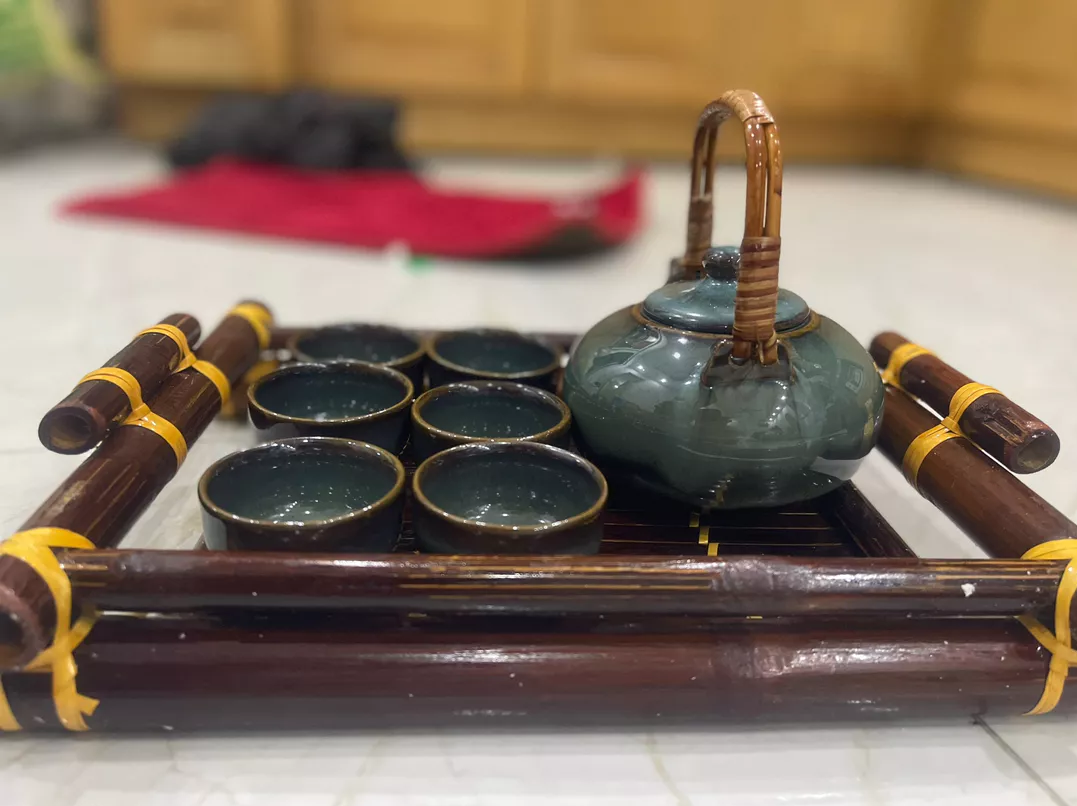 Handmade Bat Trang Pottery Tea Set & Bamboo Tray Authentic Vietnam Craftsmanship