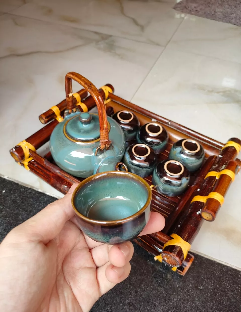 Handmade Bat Trang Pottery Tea Set & Bamboo Tray Authentic Vietnam Craftsmanship