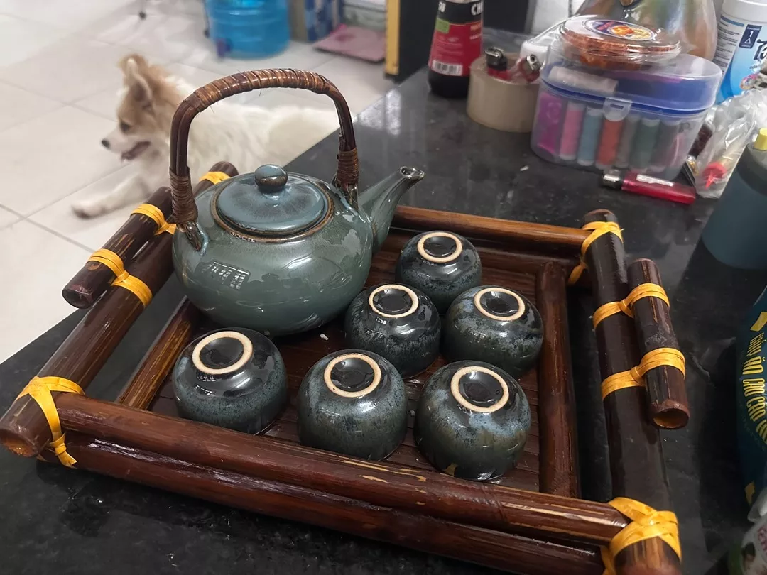 Handmade Bat Trang Pottery Tea Set & Bamboo Tray Authentic Vietnam Craftsmanship