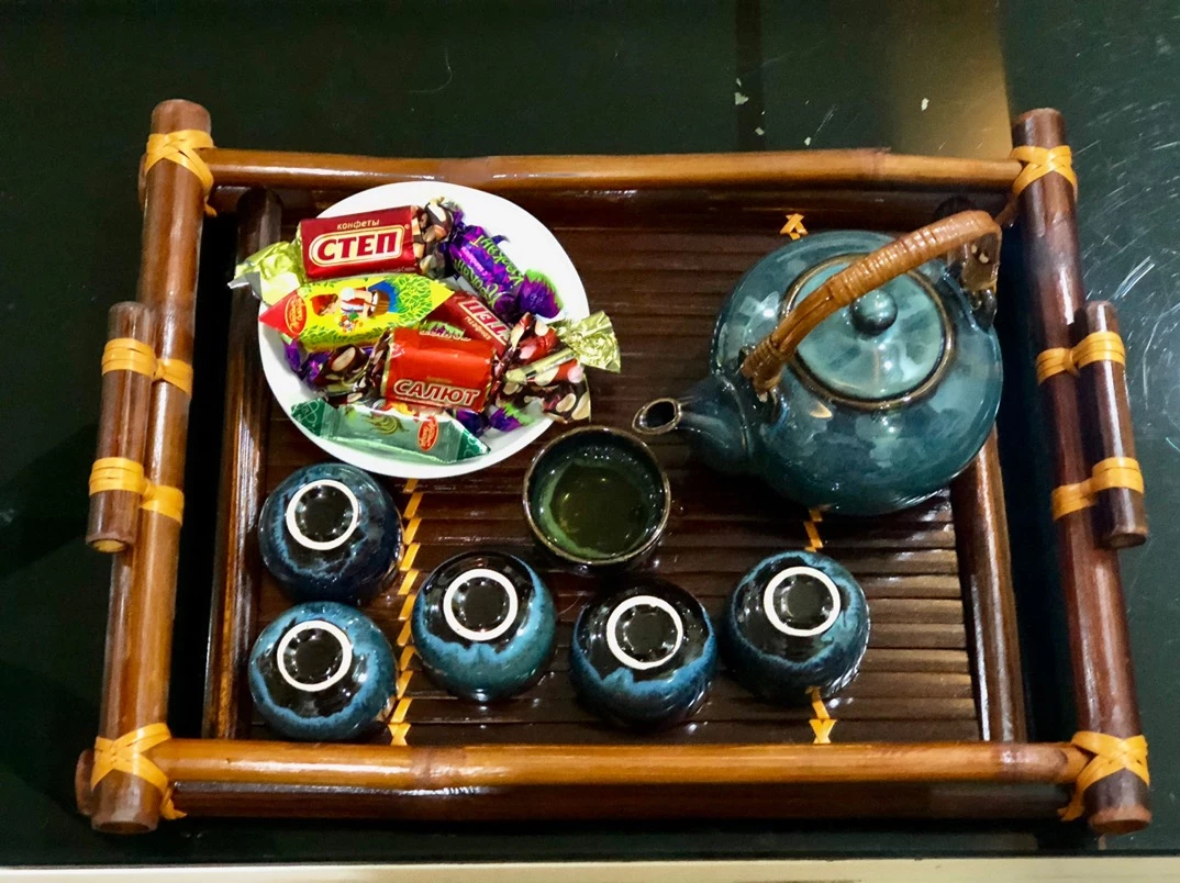 Handmade Bat Trang Pottery Tea Set & Bamboo Tray Authentic Vietnam Craftsmanship