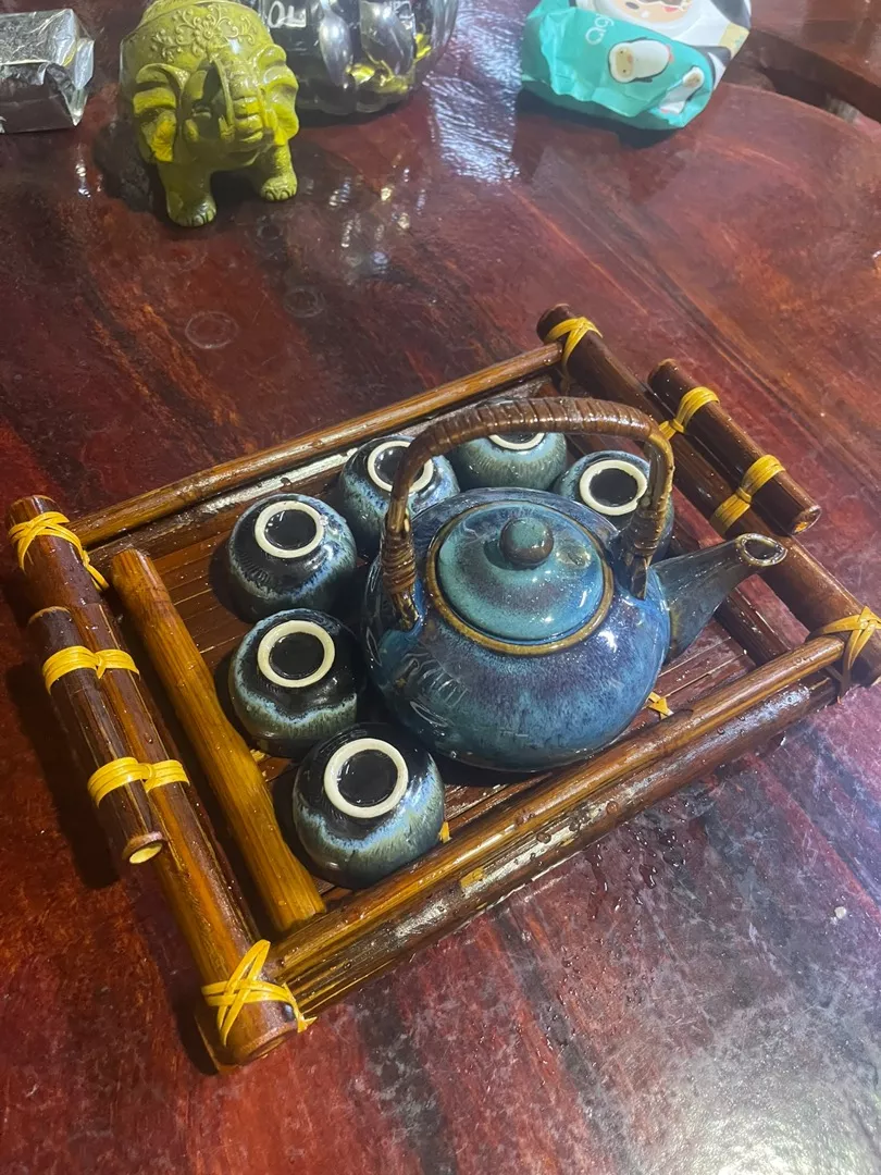 Handmade Bat Trang Pottery Tea Set & Bamboo Tray Authentic Vietnam Craftsmanship