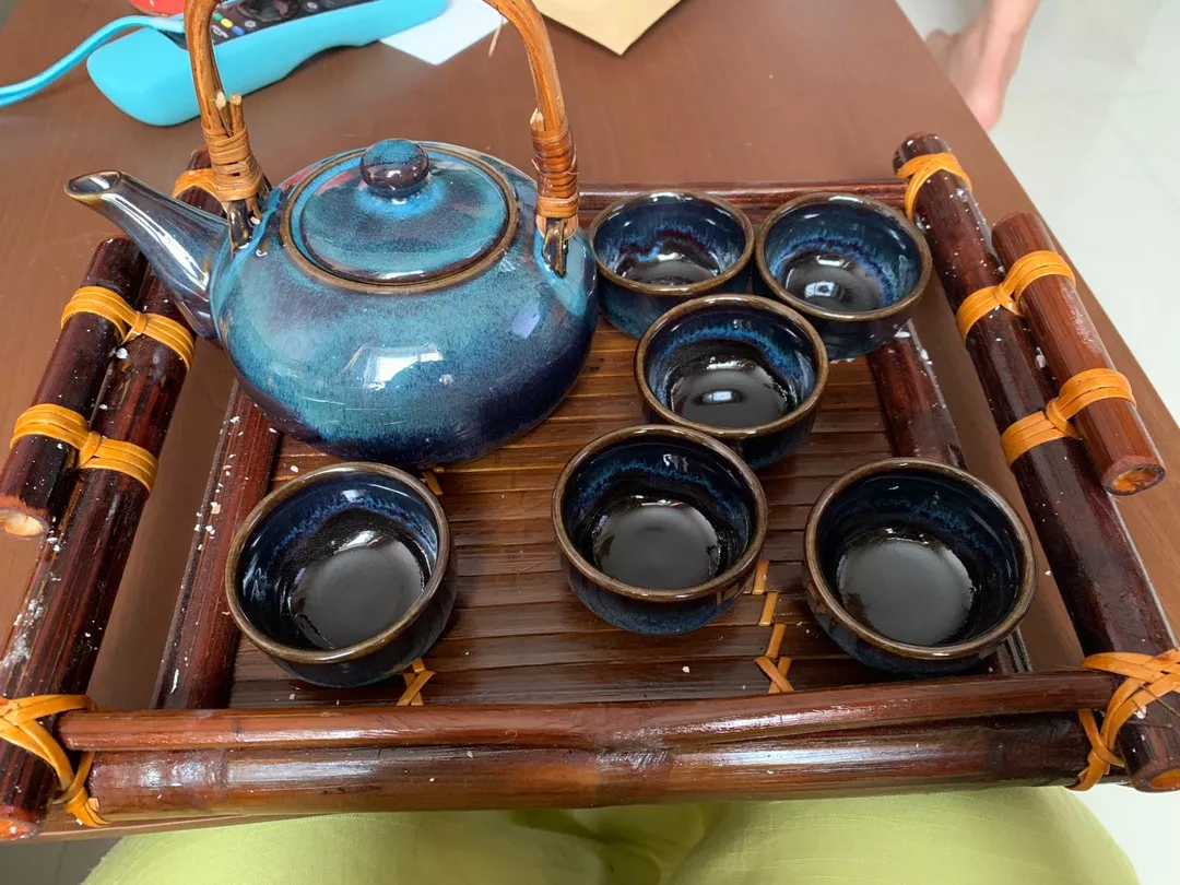 Handmade Bat Trang Pottery Tea Set & Bamboo Tray Authentic Vietnam Craftsmanship