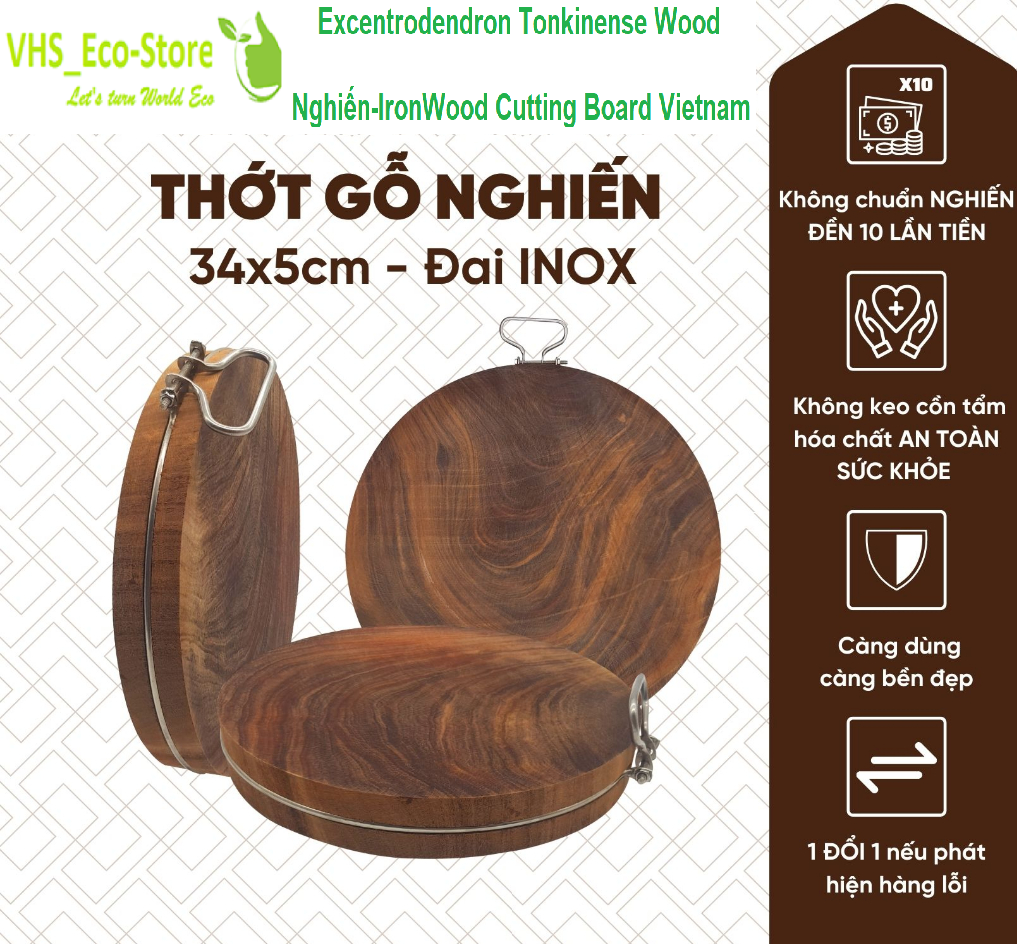 Handcrafted 34x5cm Excentrodendron Tonkinense  (Nghiến-IronWood) Cutting Board Authentic, No Sawdust for slicing, chopping chicken, duck, and bones