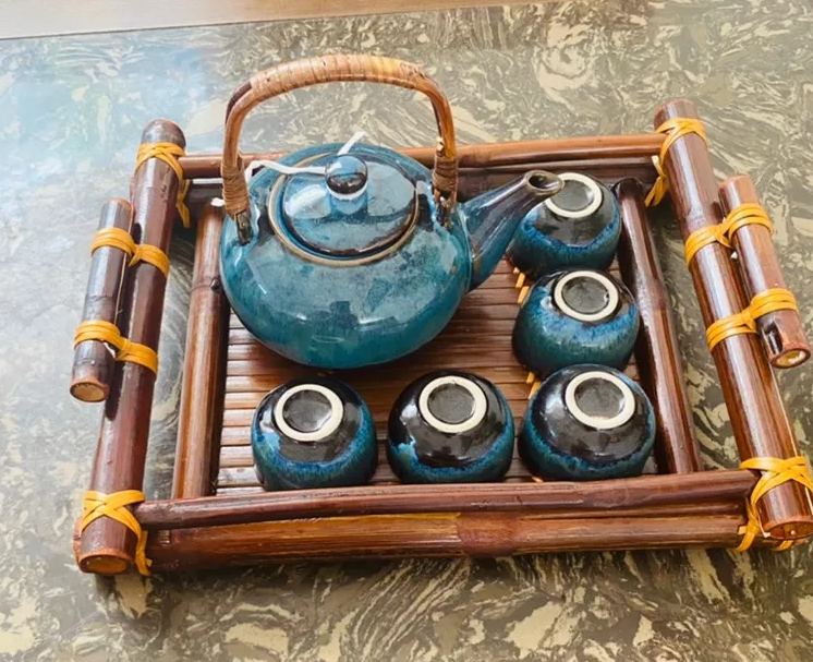 Handmade Bat Trang Pottery Tea Set & Bamboo Tray Authentic Vietnam Craftsmanship