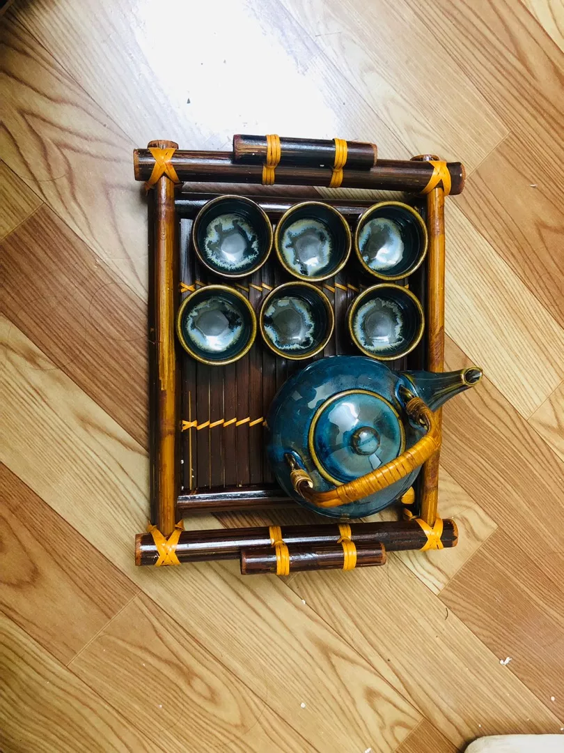 Handmade Bat Trang Pottery Tea Set & Bamboo Tray Authentic Vietnam Craftsmanship