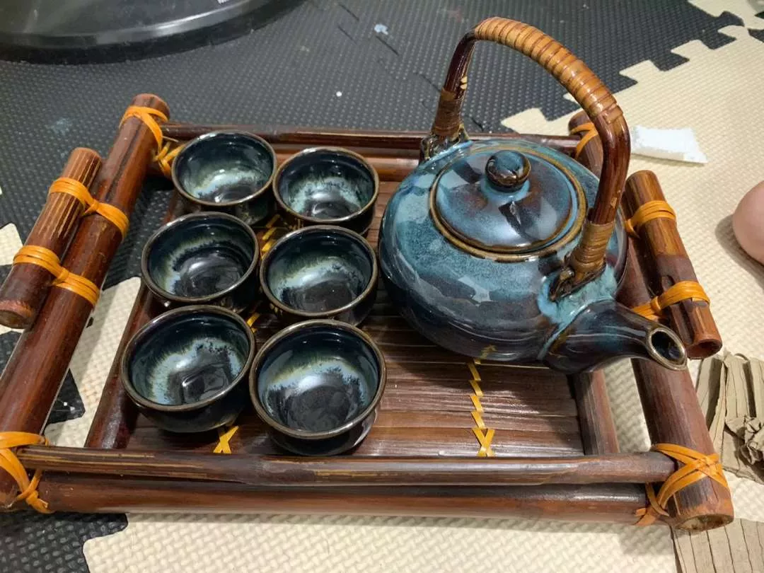 Handmade Bat Trang Pottery Tea Set & Bamboo Tray Authentic Vietnam Craftsmanship