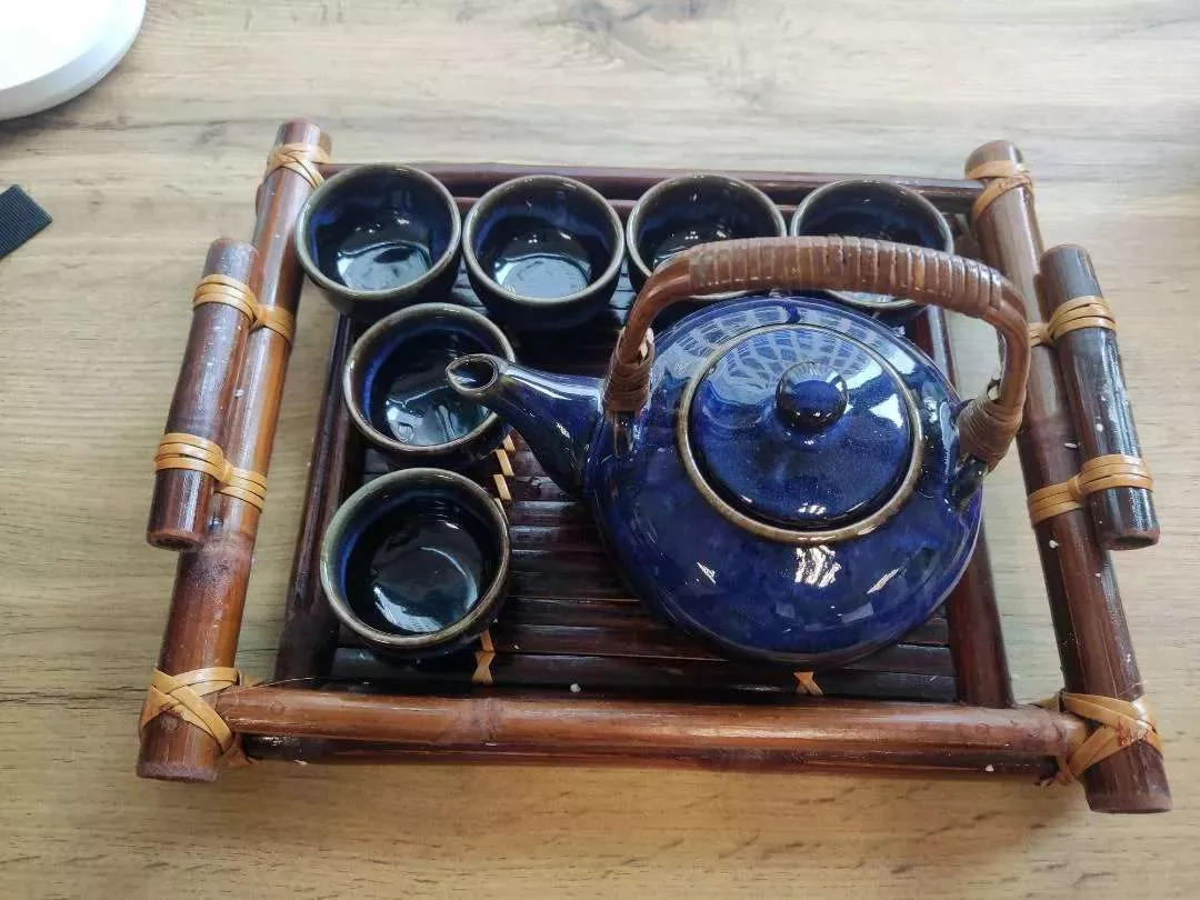 Handmade Bat Trang Pottery Tea Set & Bamboo Tray Authentic Vietnam Craftsmanship