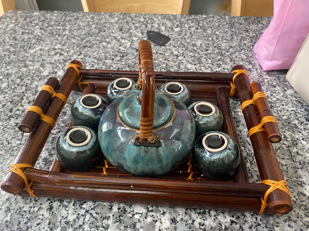 Handmade Bat Trang Pottery Tea Set & Bamboo Tray Authentic Vietnam Craftsmanship